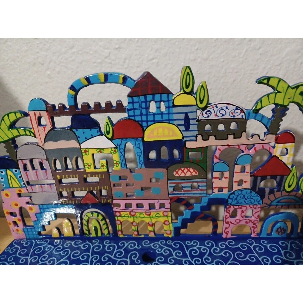 Laser Cut Hand Painted Hanukkah Jewish Menorah Jerusalem Chanukah Yair Emanuel